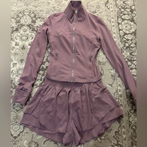 Lululemon Lavender Lux Define Cropped Jacket and shake it out shorts set